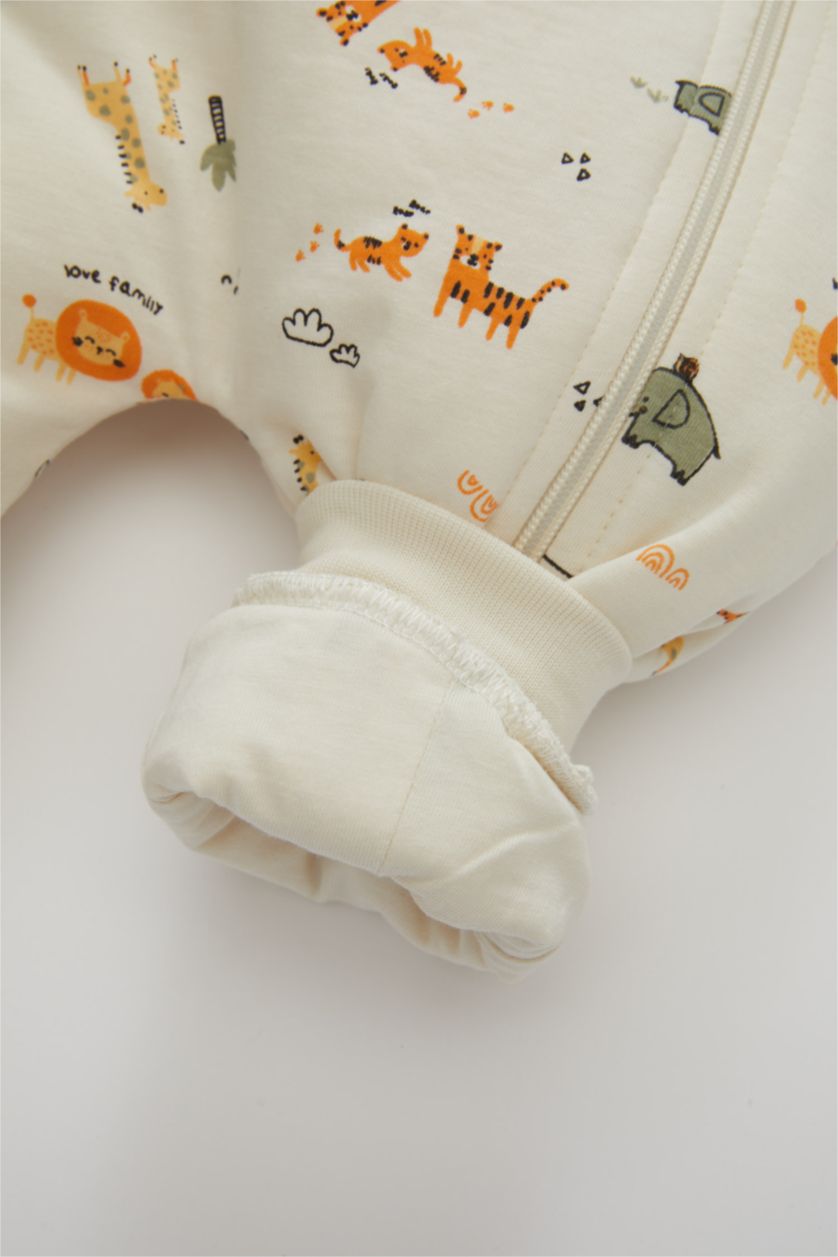 BABY GIRL Ecru Baby Boy Newborn 1 Tog Fiber Safari Patterned Cotton Sleeping Jumpsuit