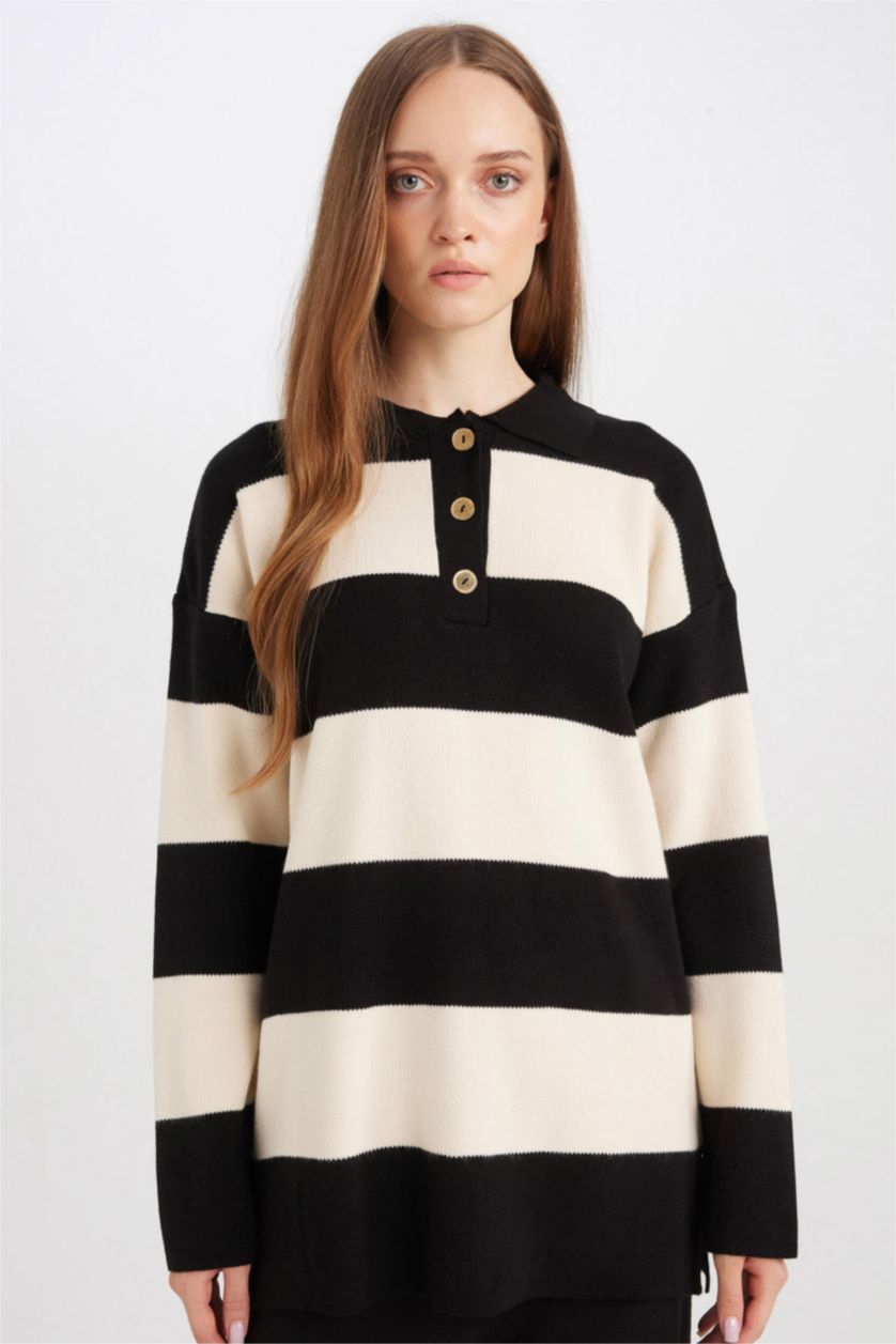 FEMME Noir Pull tunique rayé avec col polo et boutons Coupe régulière