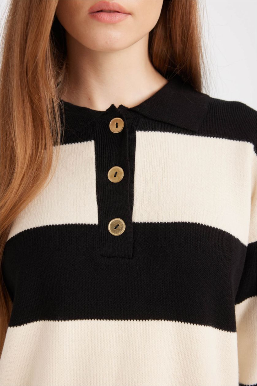 FEMME Noir Pull tunique rayé avec col polo et boutons Coupe régulière
