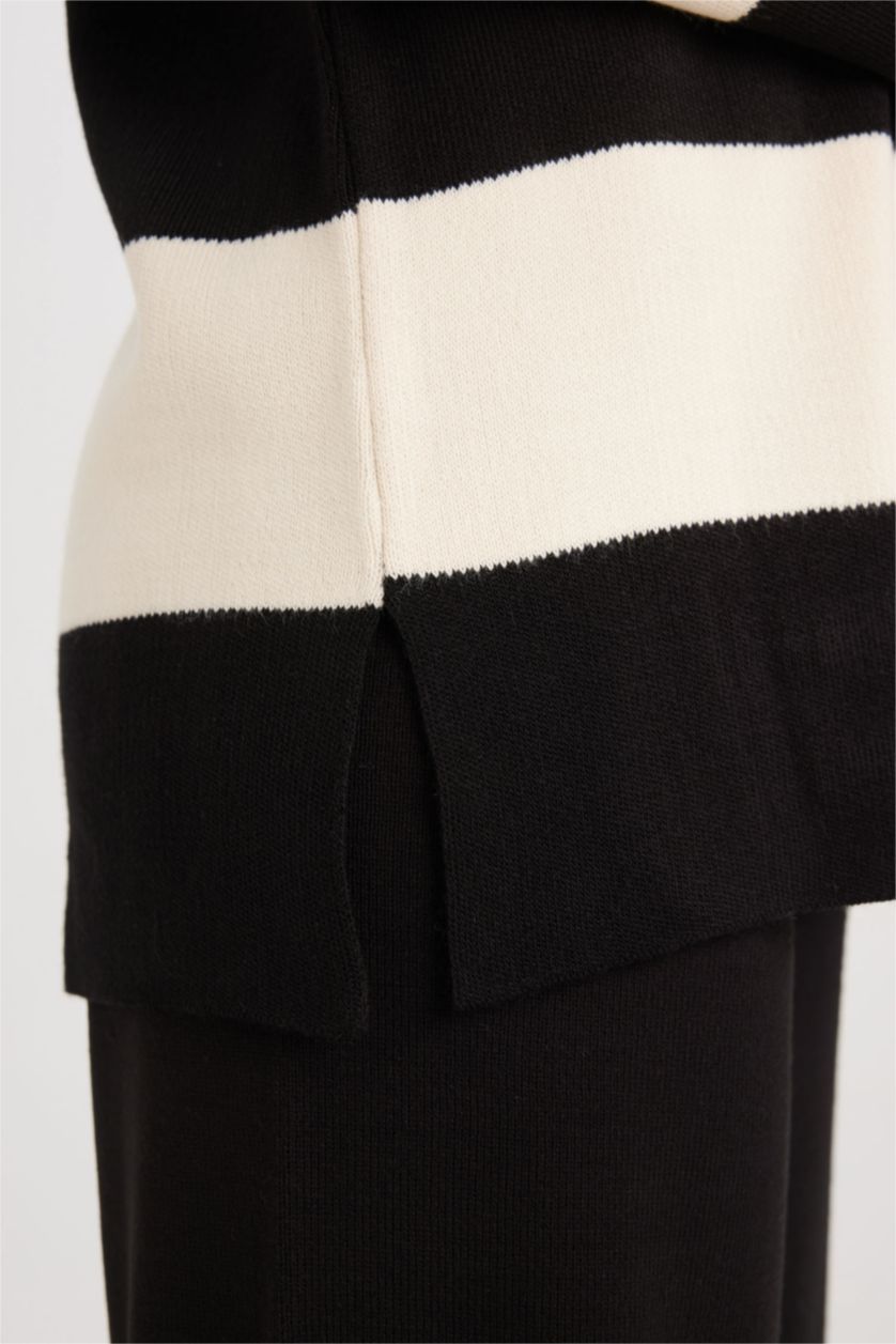 FEMME Noir Pull tunique rayé avec col polo et boutons Coupe régulière