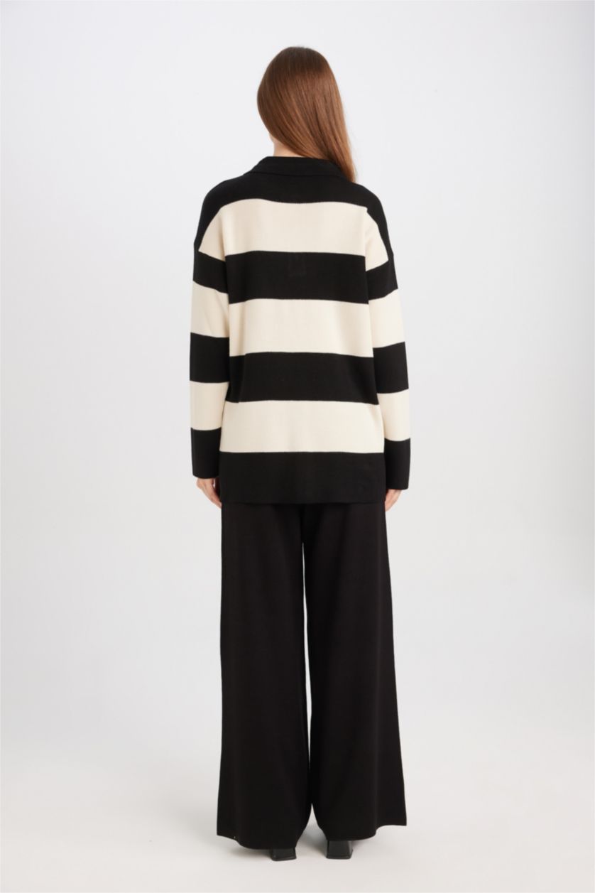 FEMME Noir Pull tunique rayé avec col polo et boutons Coupe régulière