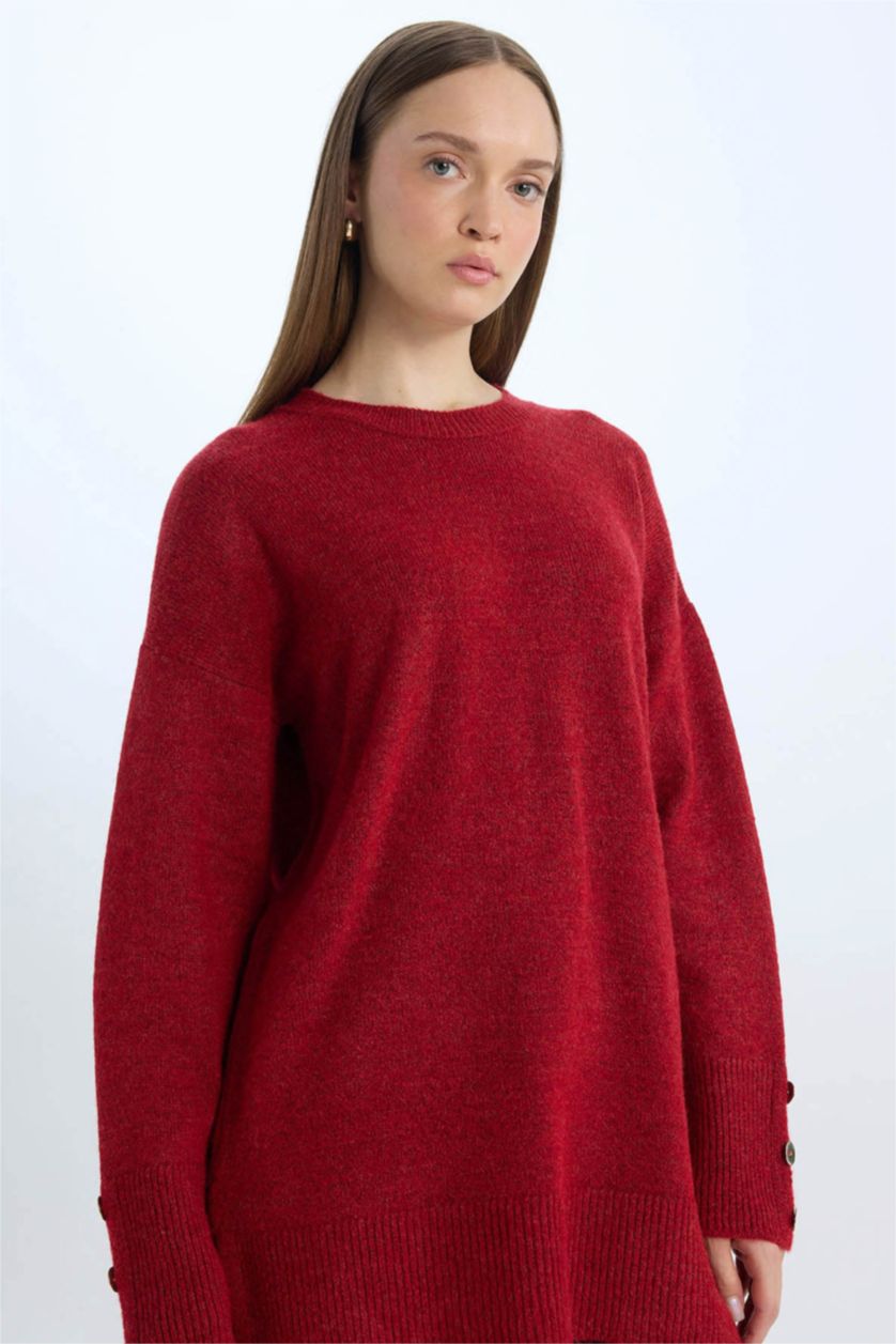 WOMAN Red Regular Fit Crew Neck Basic Pullover Tunic