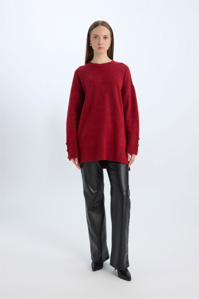 WOMAN Red Regular Fit Crew Neck Basic Pullover Tunic