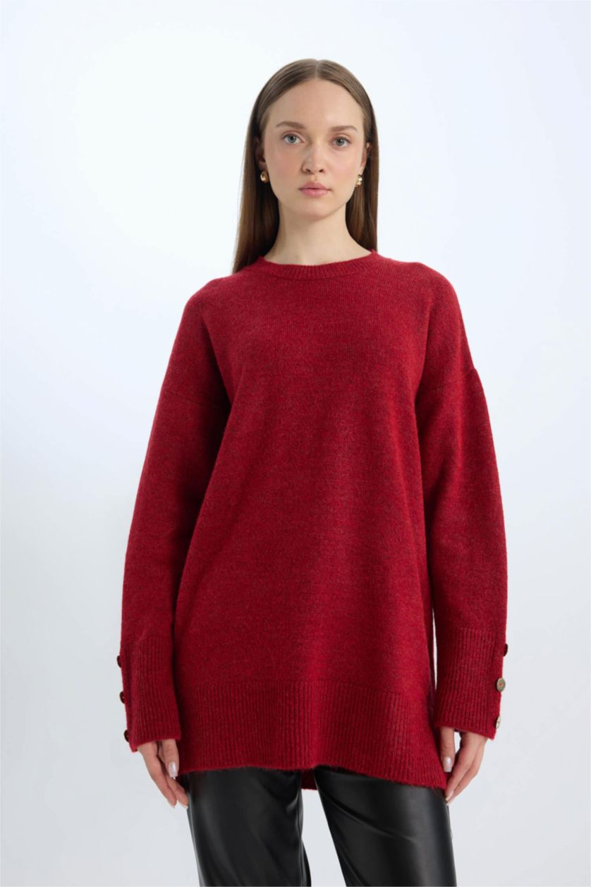 WOMAN Red Regular Fit Crew Neck Basic Pullover Tunic
