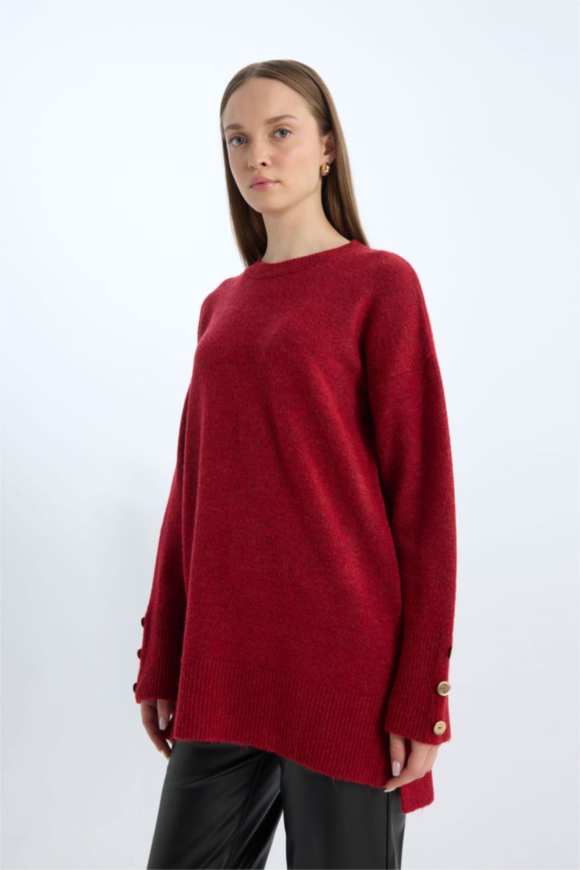 WOMAN Red Regular Fit Crew Neck Basic Pullover Tunic