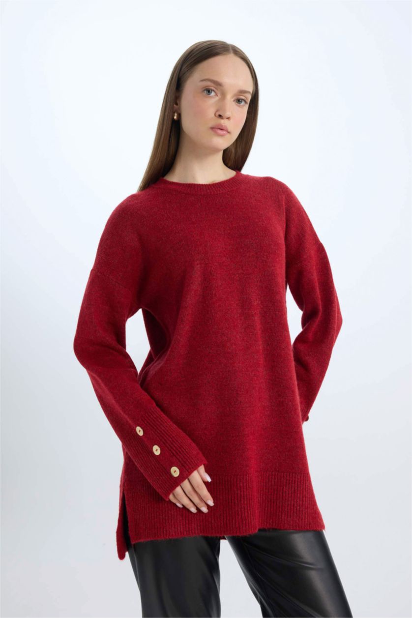WOMAN Red Regular Fit Crew Neck Basic Pullover Tunic