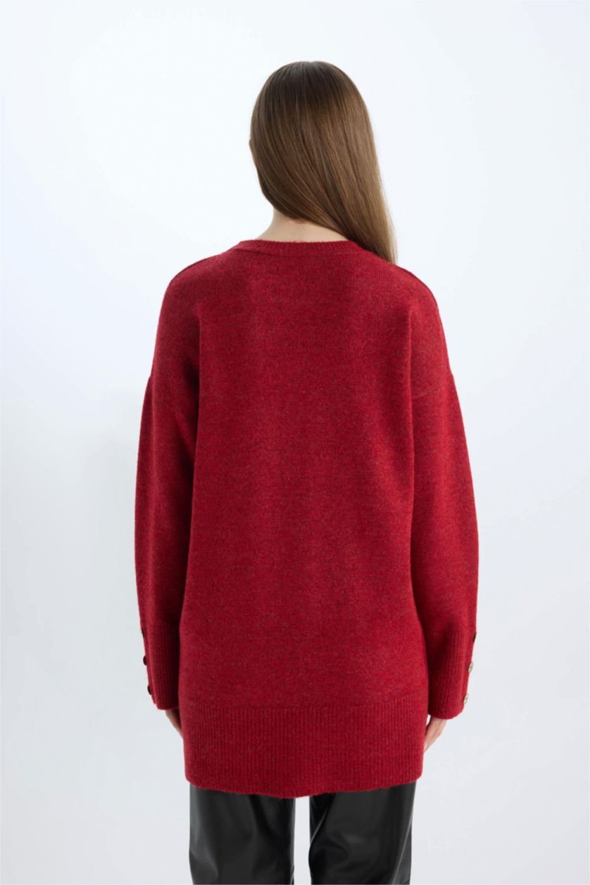 WOMAN Red Regular Fit Crew Neck Basic Pullover Tunic