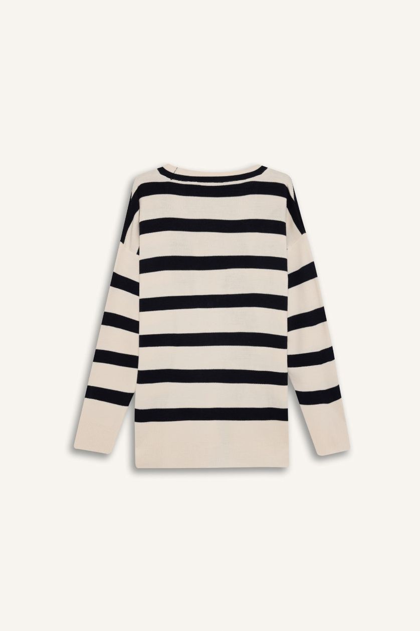 Kadın Lacivert Regular Fit V Yaka Çizgili Düğme Kapmalı Tunik Triko Hırka