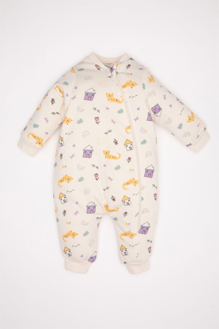 Kız Bebek Ekru Kız Bebek Yenidoğan Krem 1 Tog Elyaf Desenli Fermuarlı Penye Uzun Kollu Uyku Tulumu