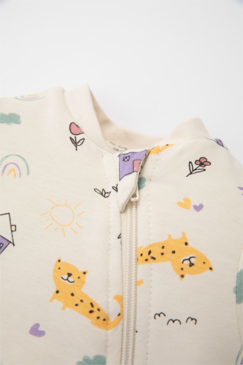 Kız Bebek Ekru Kız Bebek Yenidoğan Krem 1 Tog Elyaf Desenli Fermuarlı Penye Uzun Kollu Uyku Tulumu