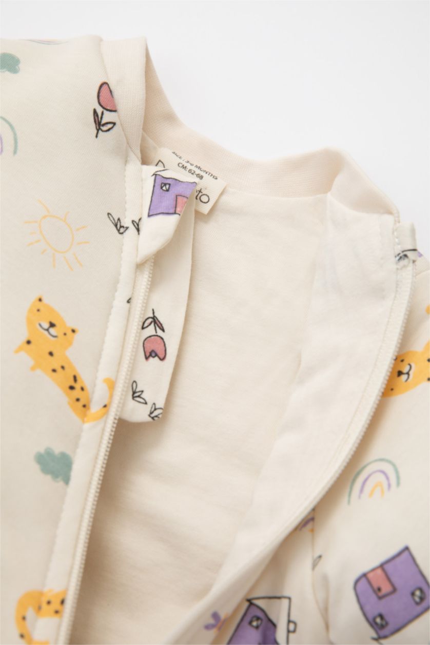 Kız Bebek Ekru Kız Bebek Yenidoğan Krem 1 Tog Elyaf Desenli Fermuarlı Penye Uzun Kollu Uyku Tulumu