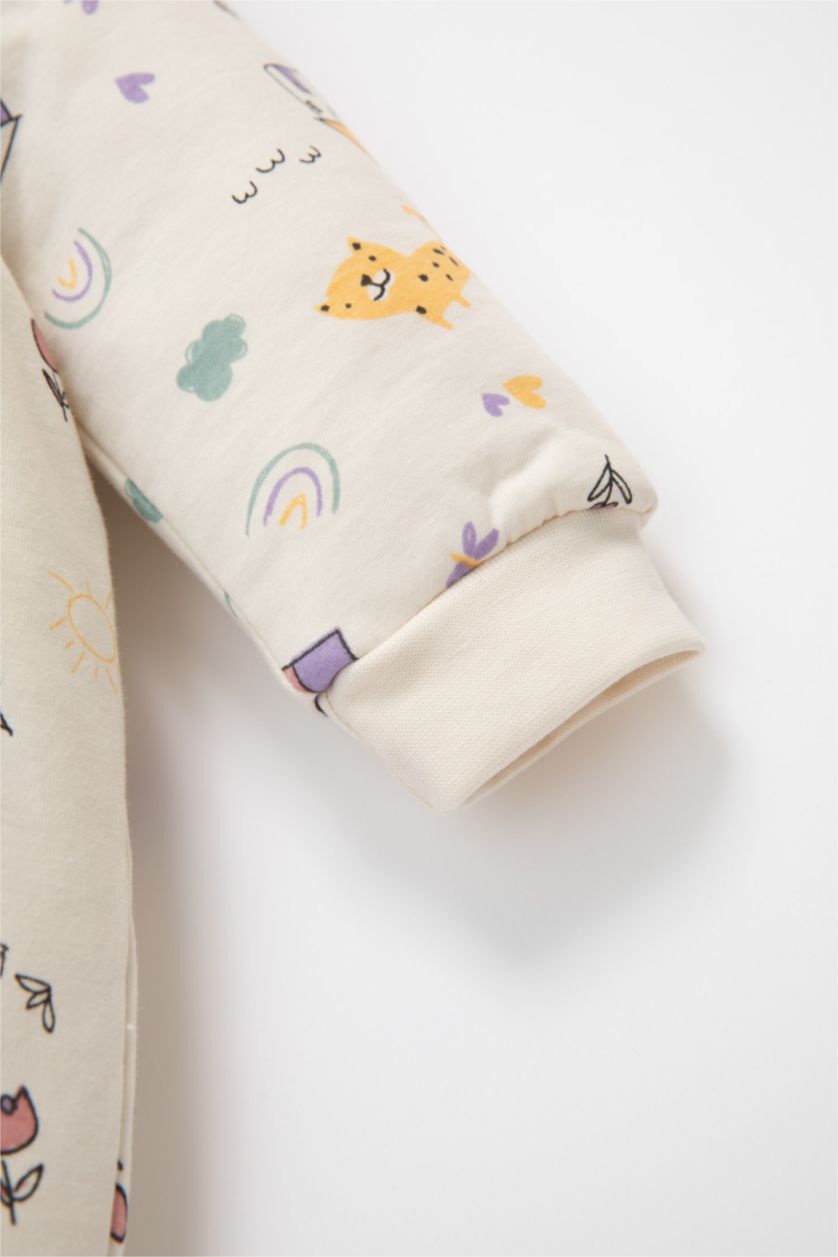 Kız Bebek Ekru Kız Bebek Yenidoğan Krem 1 Tog Elyaf Desenli Fermuarlı Penye Uzun Kollu Uyku Tulumu