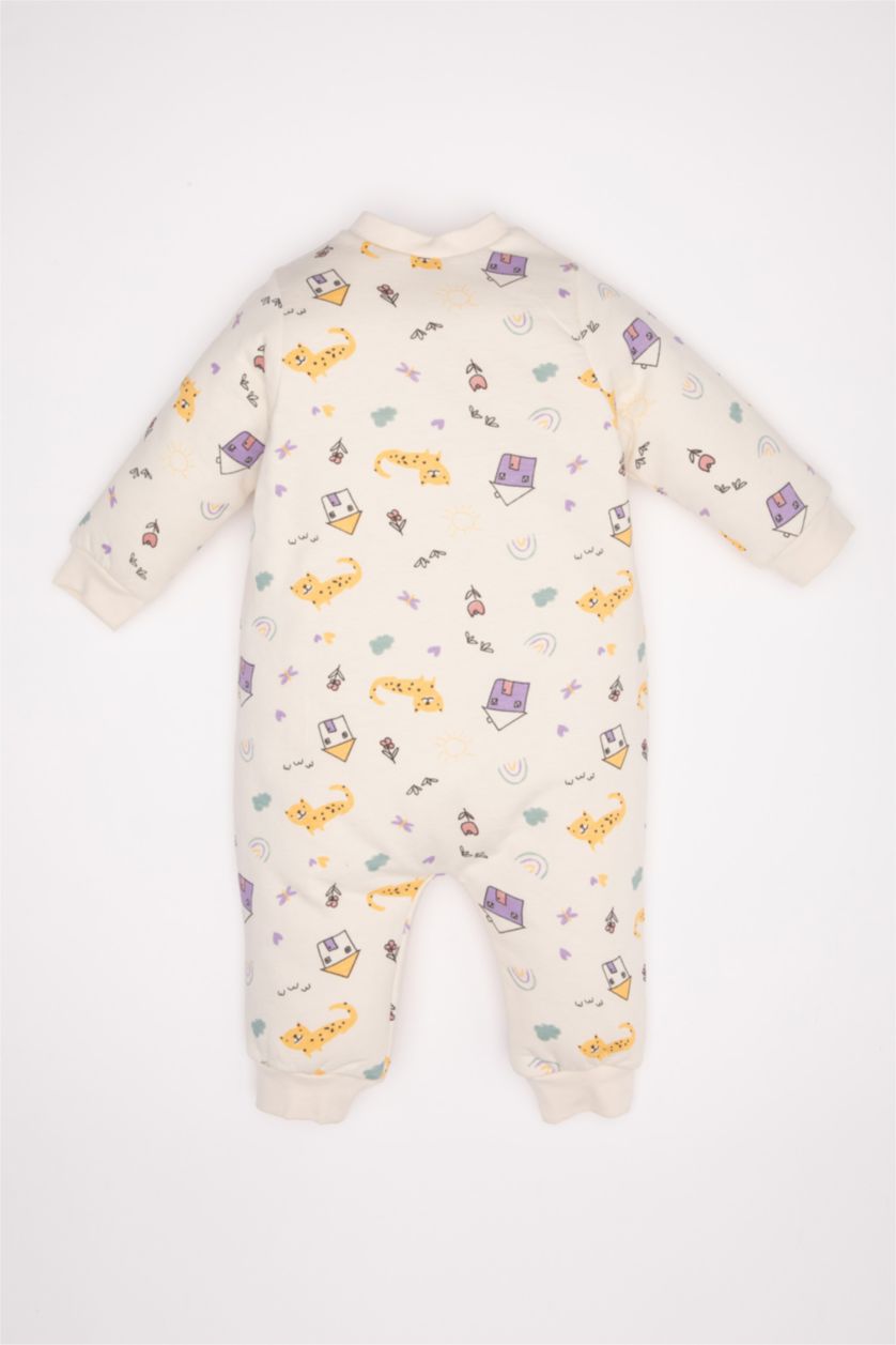 Kız Bebek Ekru Kız Bebek Yenidoğan Krem 1 Tog Elyaf Desenli Fermuarlı Penye Uzun Kollu Uyku Tulumu
