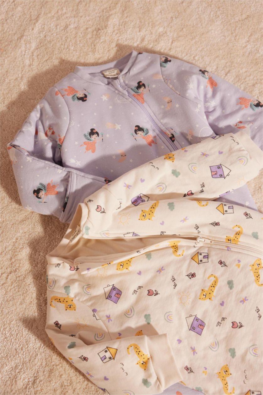 Kız Bebek Ekru Kız Bebek Yenidoğan Krem 1 Tog Elyaf Desenli Fermuarlı Penye Uzun Kollu Uyku Tulumu