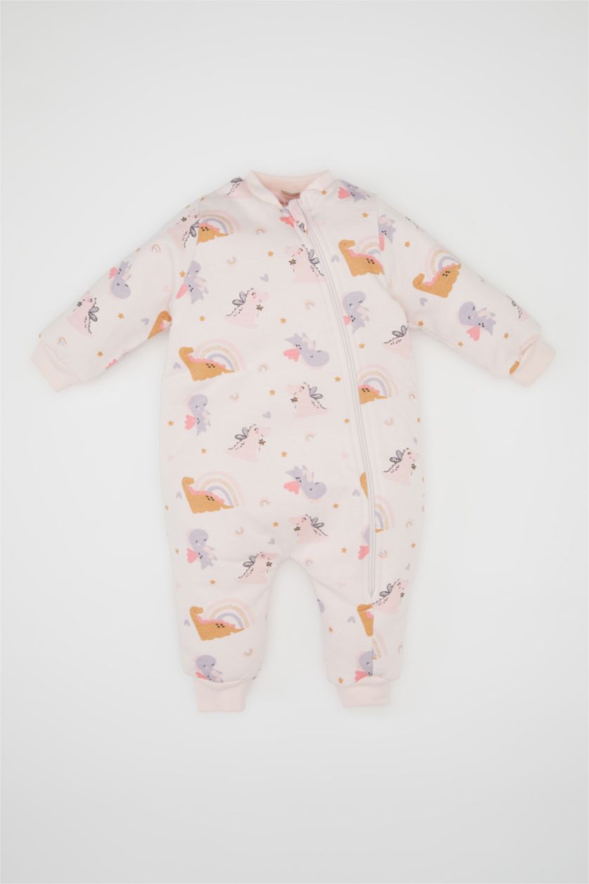 Kız Bebek Açık Pembe Kız Bebek Yenidoğan Pembe Fermuarlı 1,6 Tog Elyaf Dinazor Desenli Penye Uzun Kollu Uyku Tulumu