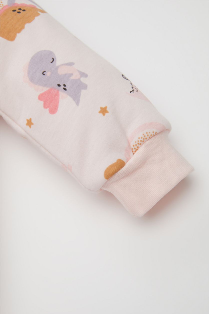 Kız Bebek Açık Pembe Kız Bebek Yenidoğan Pembe Fermuarlı 1,6 Tog Elyaf Dinazor Desenli Penye Uzun Kollu Uyku Tulumu