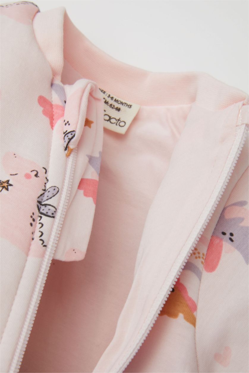 Kız Bebek Açık Pembe Kız Bebek Yenidoğan Pembe Fermuarlı 1,6 Tog Elyaf Dinazor Desenli Penye Uzun Kollu Uyku Tulumu