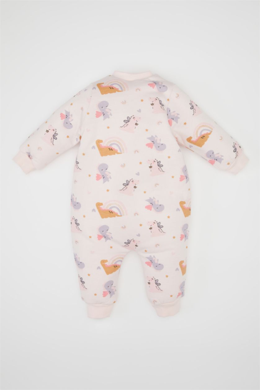 Kız Bebek Açık Pembe Kız Bebek Yenidoğan Pembe Fermuarlı 1,6 Tog Elyaf Dinazor Desenli Penye Uzun Kollu Uyku Tulumu