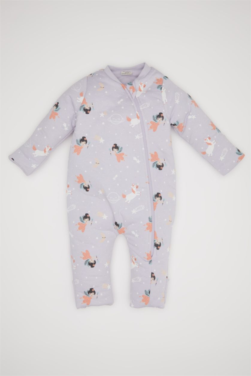 Kız Bebek Lila Kız Bebek Yenidoğan Fermuarlı 2,5 Tog Elyaf Desenli Penye Uzun Kollu Uyku Tulumu
