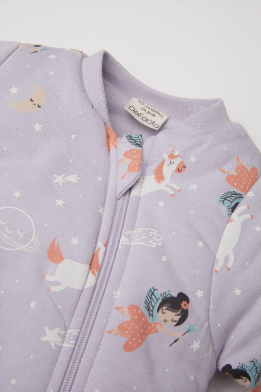 Kız Bebek Lila Kız Bebek Yenidoğan Fermuarlı 2,5 Tog Elyaf Desenli Penye Uzun Kollu Uyku Tulumu