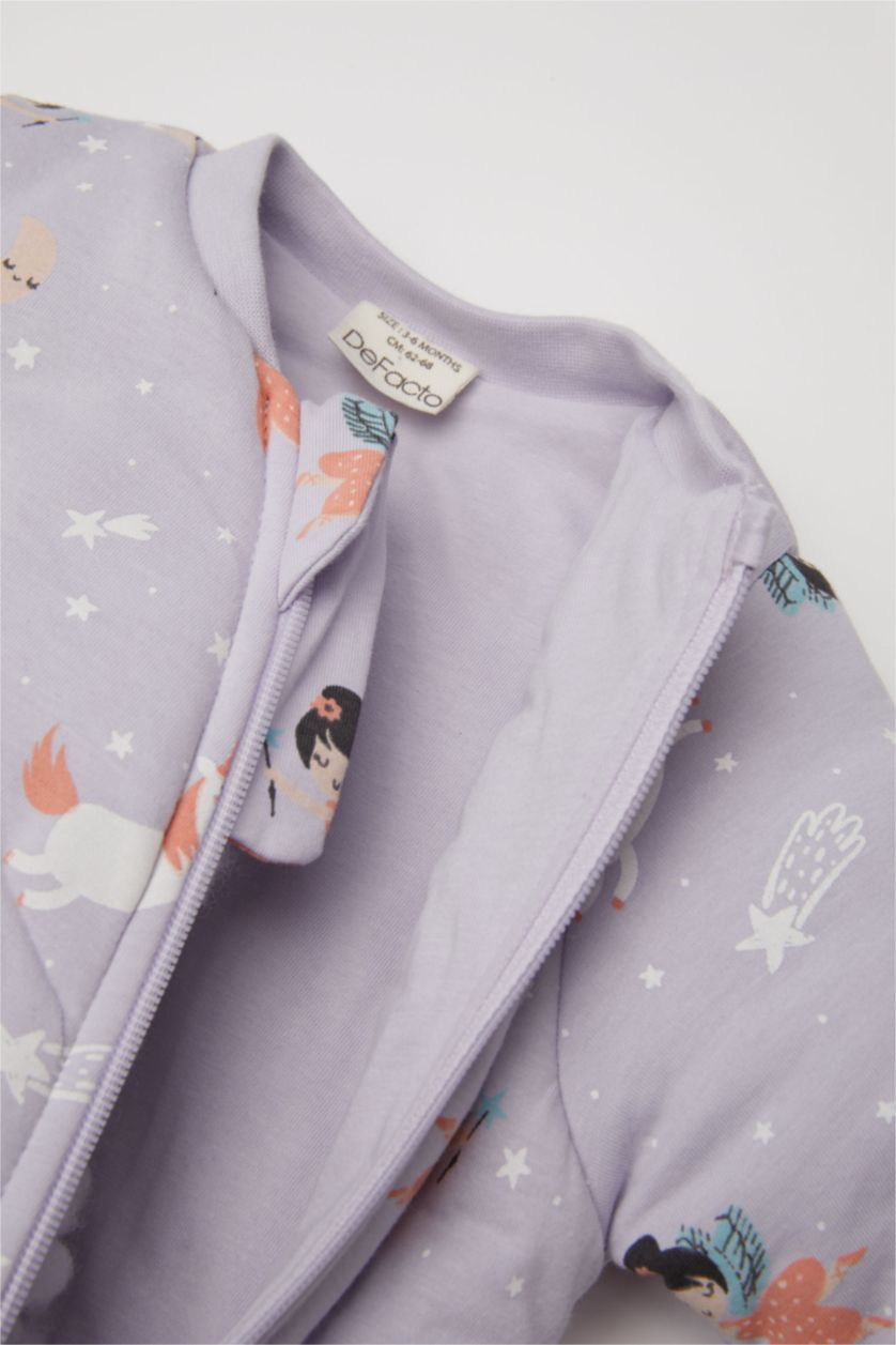 Kız Bebek Lila Kız Bebek Yenidoğan Fermuarlı 2,5 Tog Elyaf Desenli Penye Uzun Kollu Uyku Tulumu