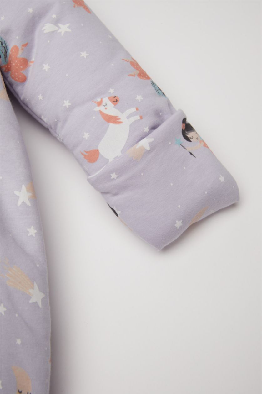 Kız Bebek Lila Kız Bebek Yenidoğan Fermuarlı 2,5 Tog Elyaf Desenli Penye Uzun Kollu Uyku Tulumu