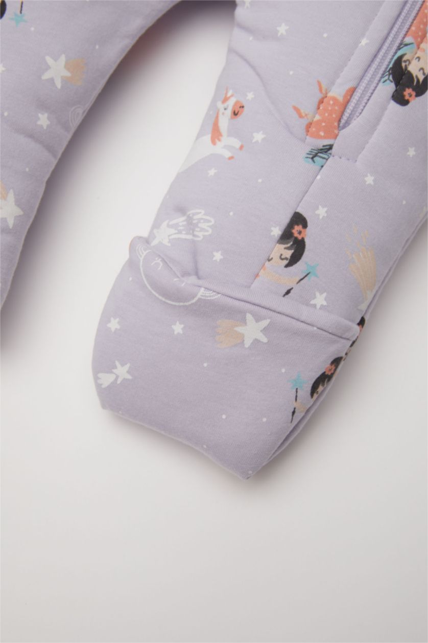 Kız Bebek Lila Kız Bebek Yenidoğan Fermuarlı 2,5 Tog Elyaf Desenli Penye Uzun Kollu Uyku Tulumu