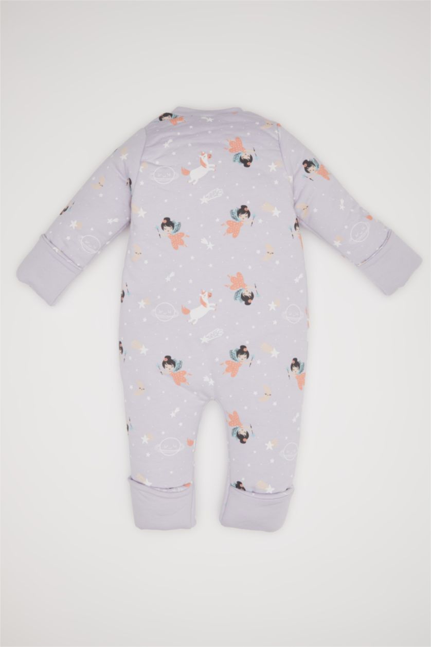 Kız Bebek Lila Kız Bebek Yenidoğan Fermuarlı 2,5 Tog Elyaf Desenli Penye Uzun Kollu Uyku Tulumu