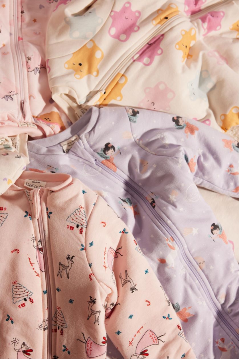 Kız Bebek Lila Kız Bebek Yenidoğan Fermuarlı 2,5 Tog Elyaf Desenli Penye Uzun Kollu Uyku Tulumu