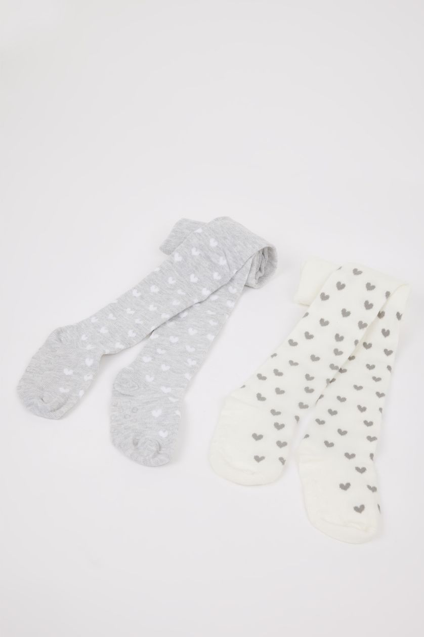 Kız Bebek Karma Kız Bebek Kalp Desenli Dikişsiz 2'li Pamuklu Külotlu Çorap