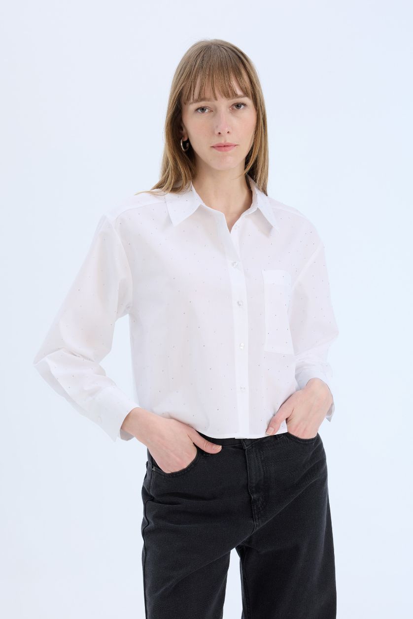 WOMAN White Crop Shirt Collar Poplin Long Sleeve Shirt