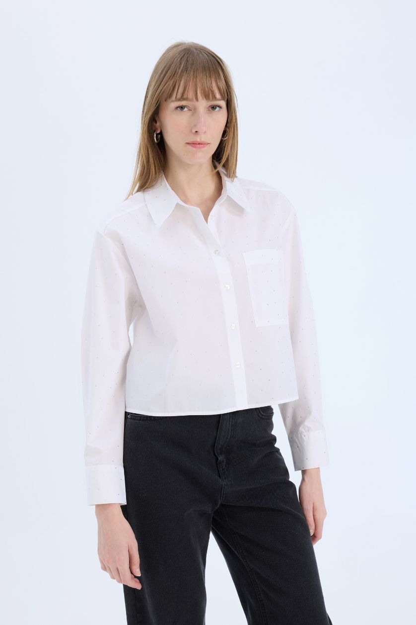 WOMAN White Crop Shirt Collar Poplin Long Sleeve Shirt