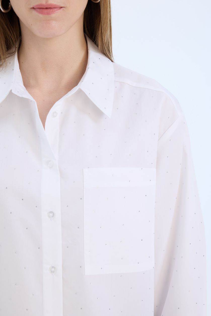 WOMAN White Crop Shirt Collar Poplin Long Sleeve Shirt