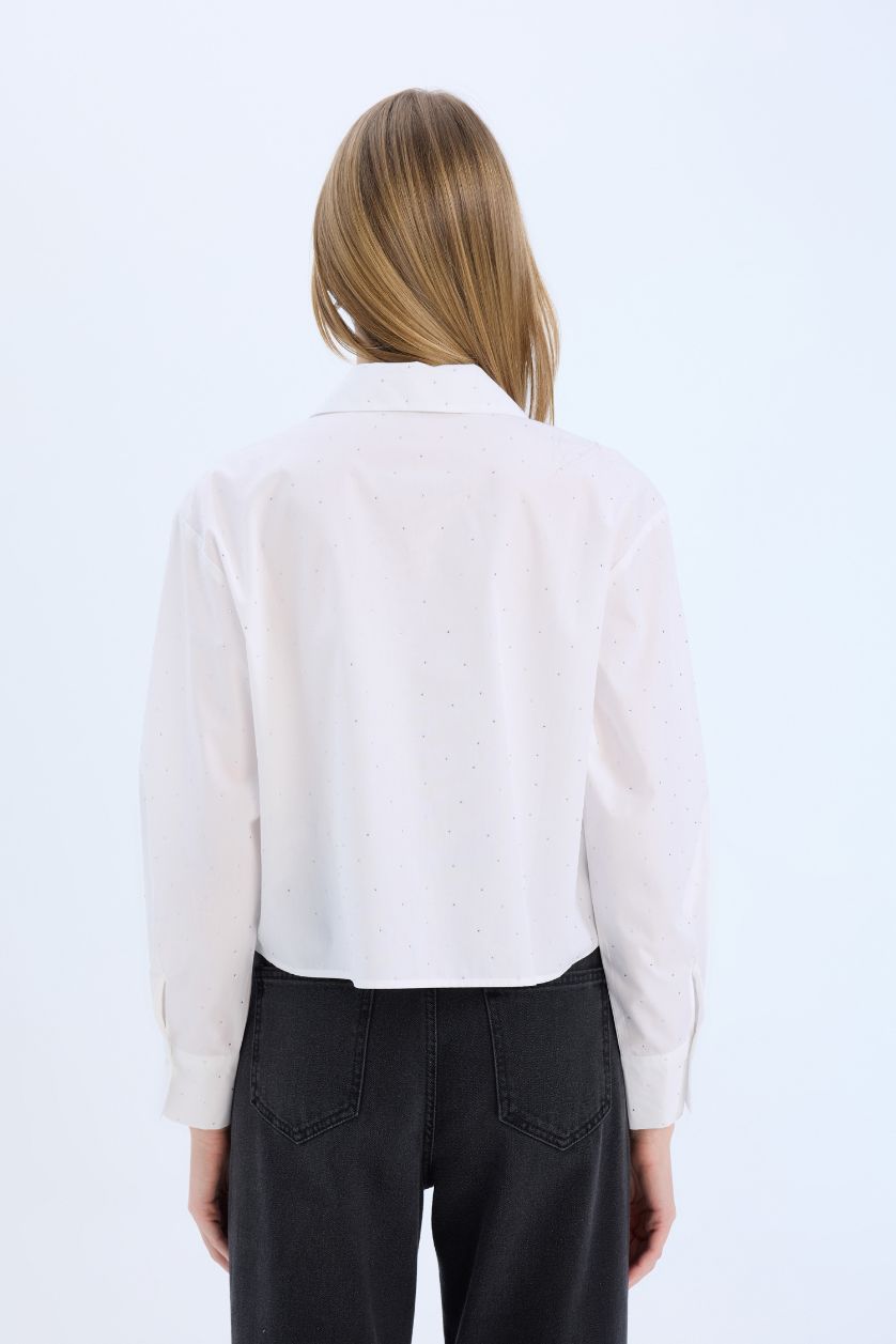 WOMAN White Crop Shirt Collar Poplin Long Sleeve Shirt