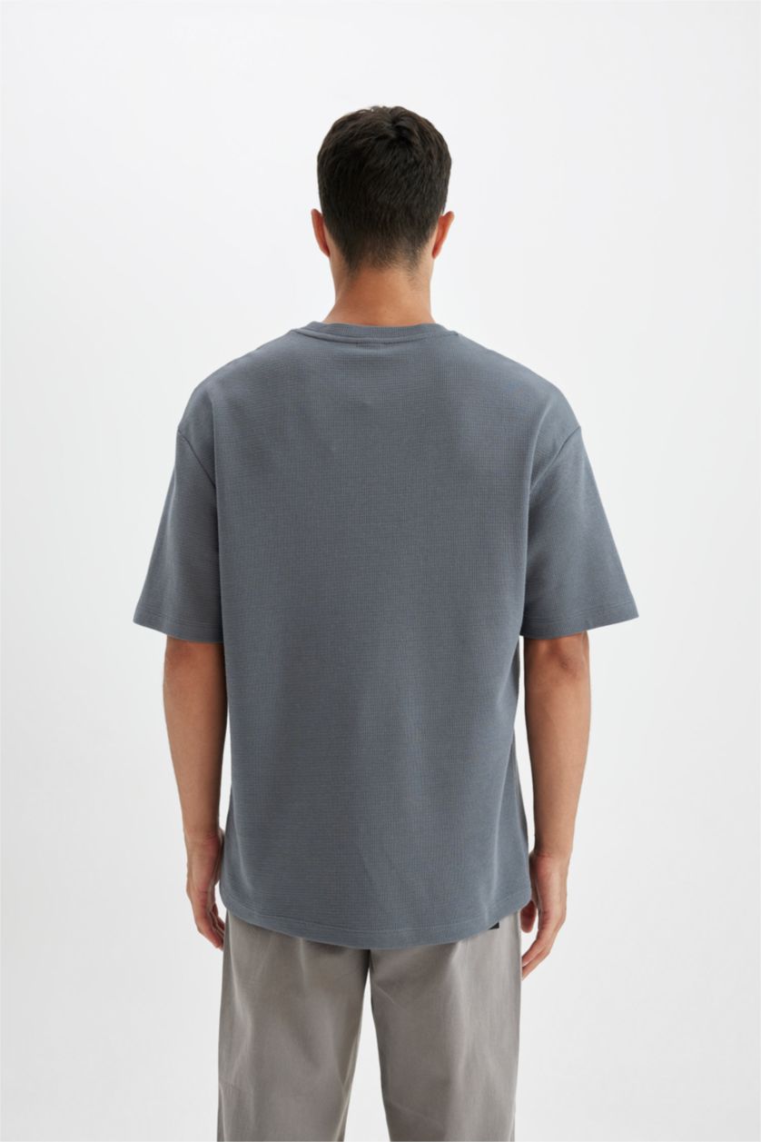 Erkek Koyu Gri %100 Pamuk Relax Fit Bisiklet Yaka Kısa Kollu Basic Düz Tişört