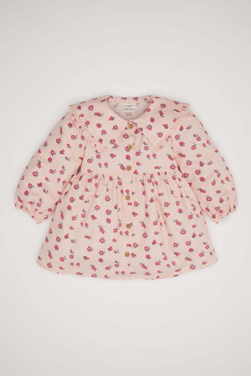 Kız Bebek Lila Kız Bebek Geniş Yaka Düğmeli Çiçekli Uzun Kollu Twill Elbise