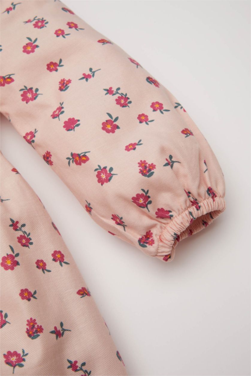 Kız Bebek Lila Kız Bebek Geniş Yaka Düğmeli Çiçekli Uzun Kollu Twill Elbise