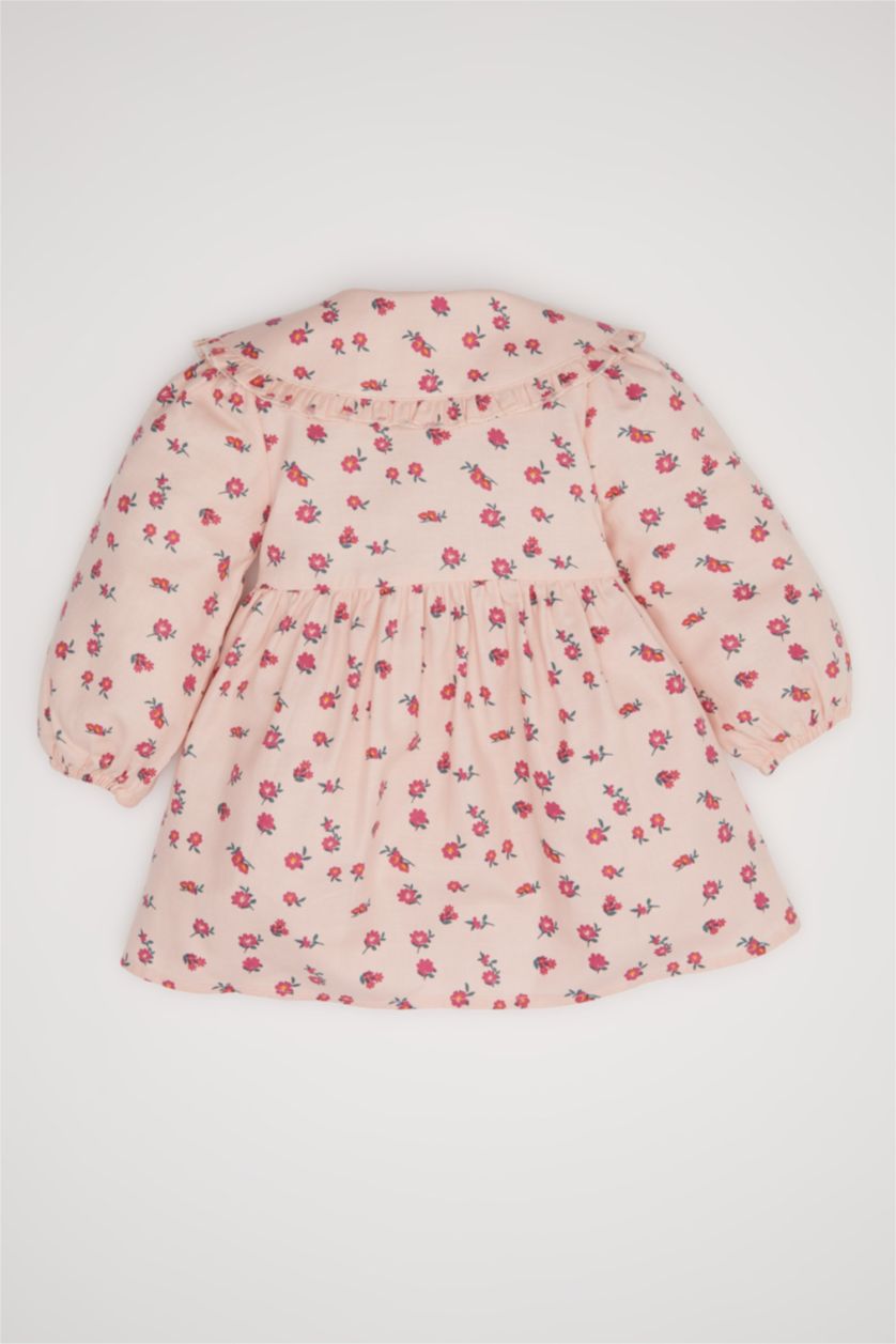 Kız Bebek Lila Kız Bebek Geniş Yaka Düğmeli Çiçekli Uzun Kollu Twill Elbise