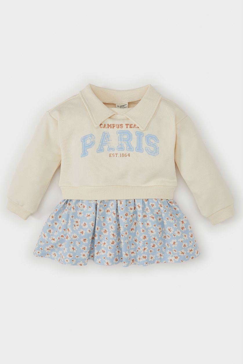 BABY GIRL Ecru Baby Girl Polo Neck Printed Skirt Floral Patterned Sweatshirt Dress