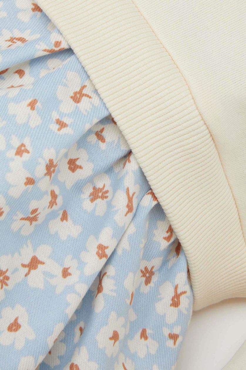 BABY GIRL Ecru Baby Girl Polo Neck Printed Skirt Floral Patterned Sweatshirt Dress