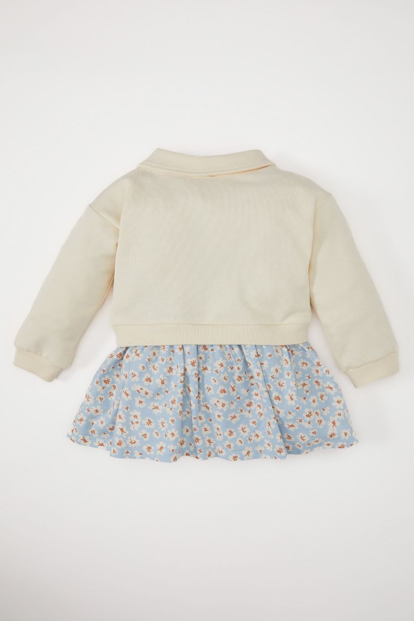 BABY GIRL Ecru Baby Girl Polo Neck Printed Skirt Floral Patterned Sweatshirt Dress