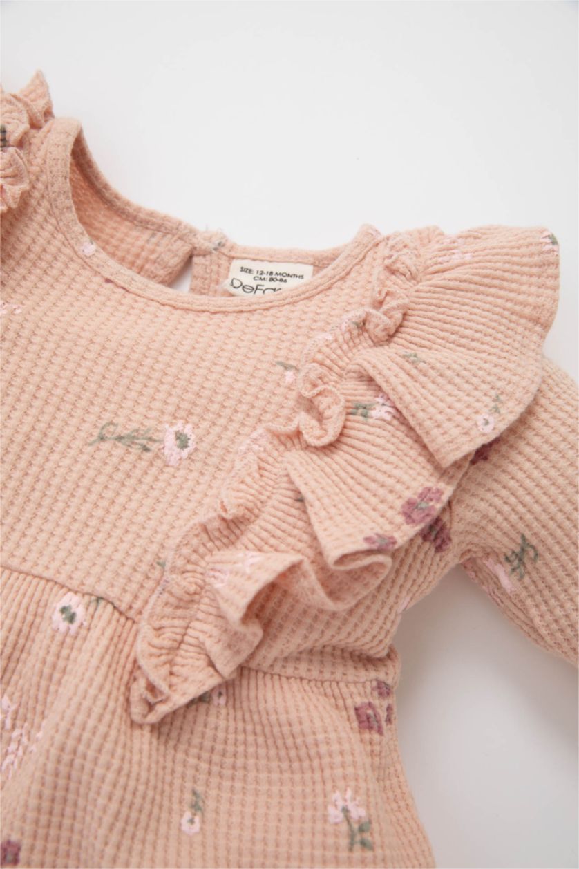 Kız Bebek Açık Pembe Kız Bebek Bisiklet Yaka Fırfırlı Çiçekli Uzun Kollu Waffle Elbise