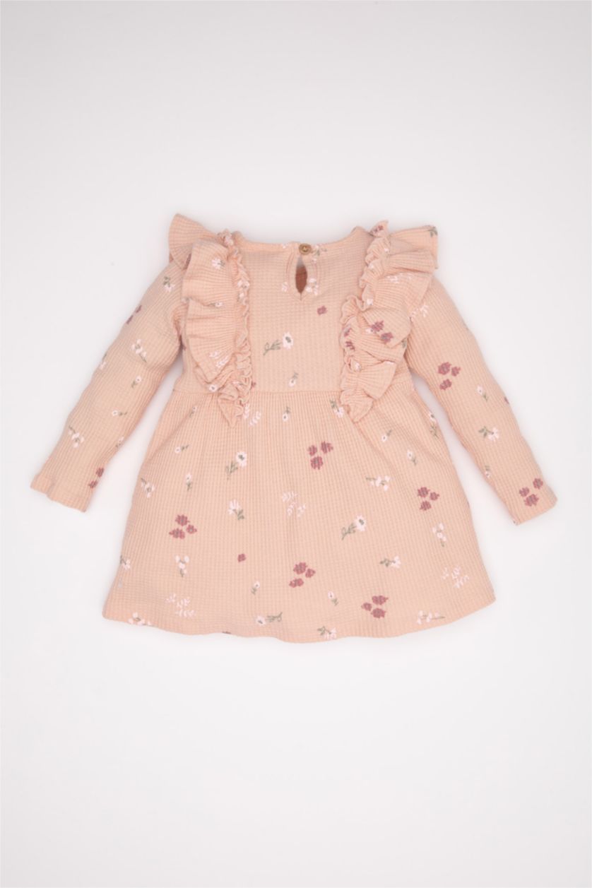 Kız Bebek Açık Pembe Kız Bebek Bisiklet Yaka Fırfırlı Çiçekli Uzun Kollu Waffle Elbise