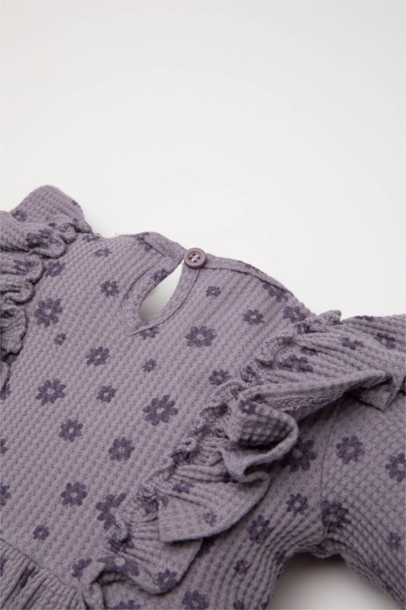 Kız Bebek Lila Kız Bebek Çiçekli Uzun Kollu Fırfırlı Waffle Mor Elbise