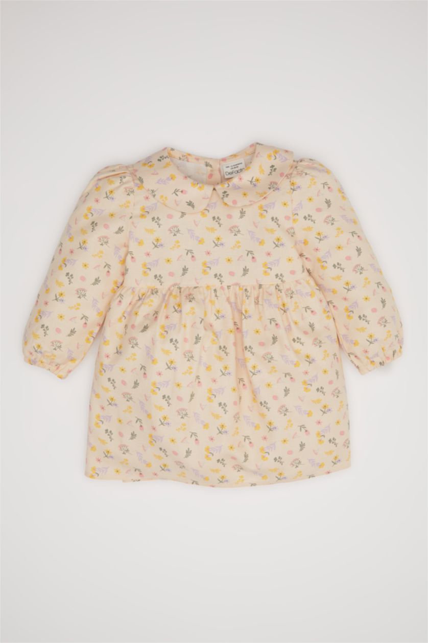 BÉBÉ FILLE Beige Robe en Twill à Manches Longues avec motifs de Fleurs