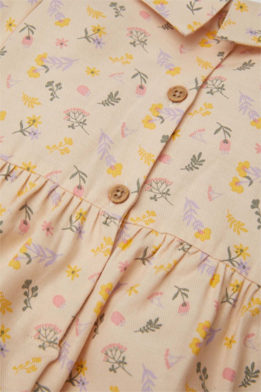 BÉBÉ FILLE Beige Robe en Twill à Manches Longues avec motifs de Fleurs