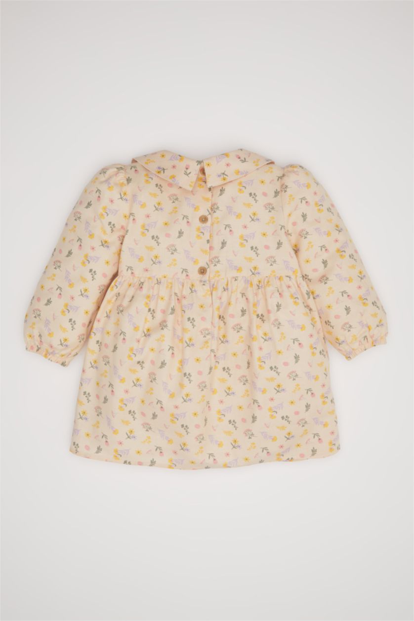 BÉBÉ FILLE Beige Robe en Twill à Manches Longues avec motifs de Fleurs