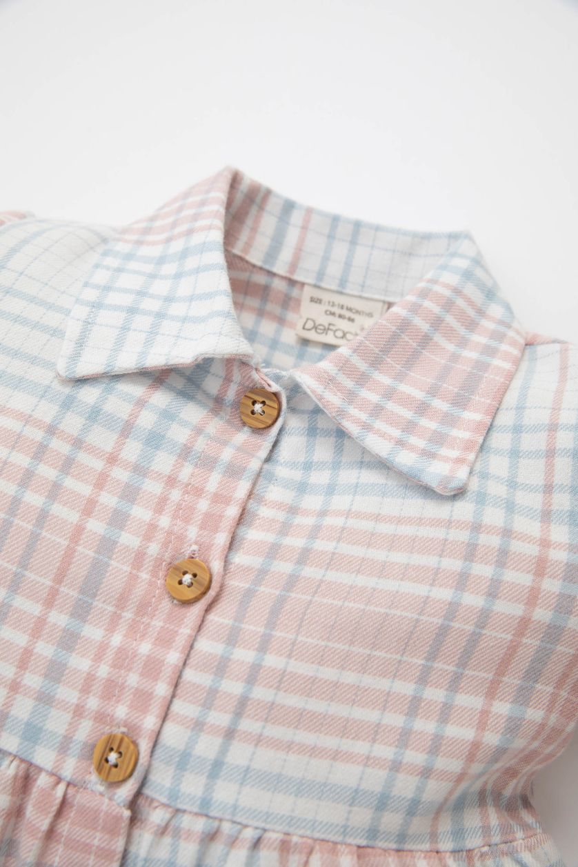 طفلة صغيرة أزرق فاتح فستان كارو من فلانيل قصة عادية  بأزرار للبيبي بنت