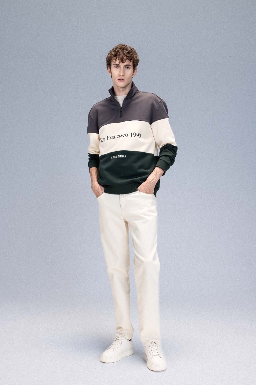 Erkek Antrasit Relax Fit Dik Yaka Fermuarlı Baskılı Kalın Sweatshirt