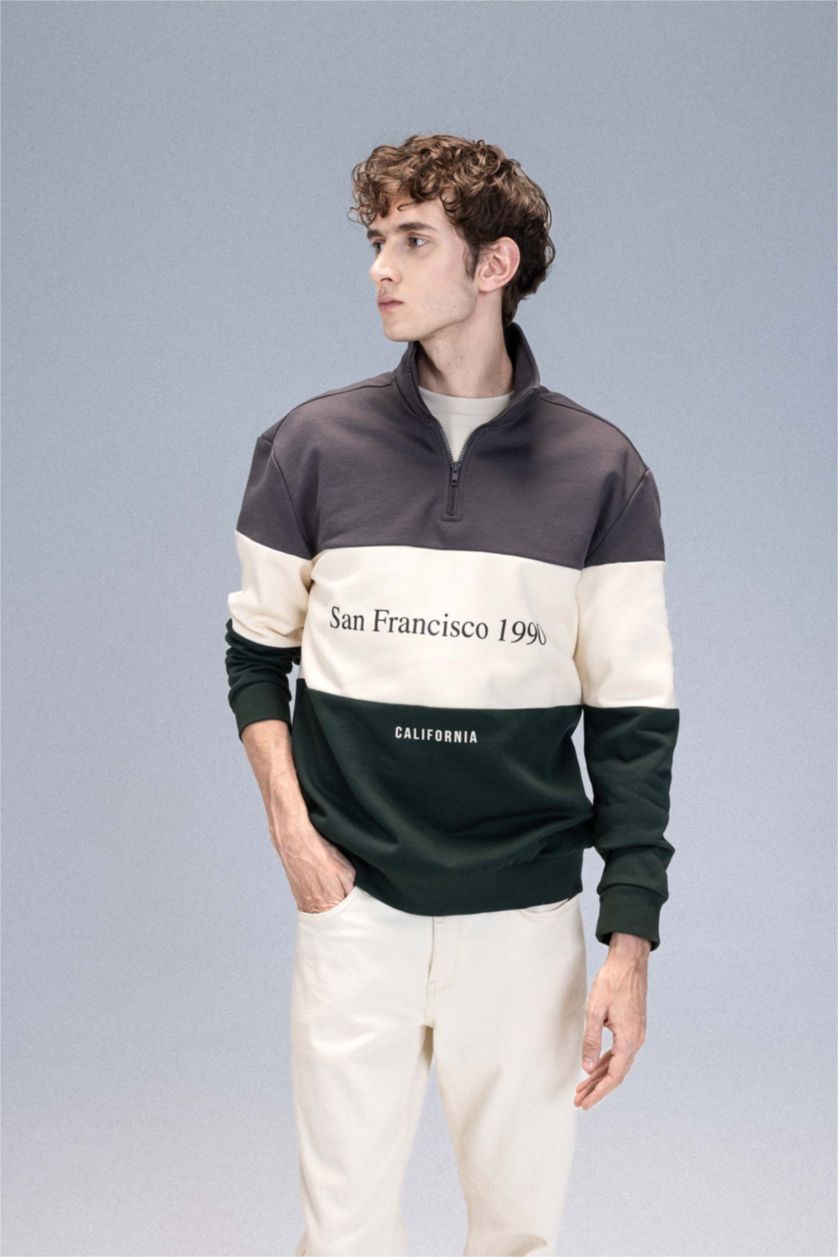 Erkek Antrasit Relax Fit Dik Yaka Fermuarlı Baskılı Kalın Sweatshirt